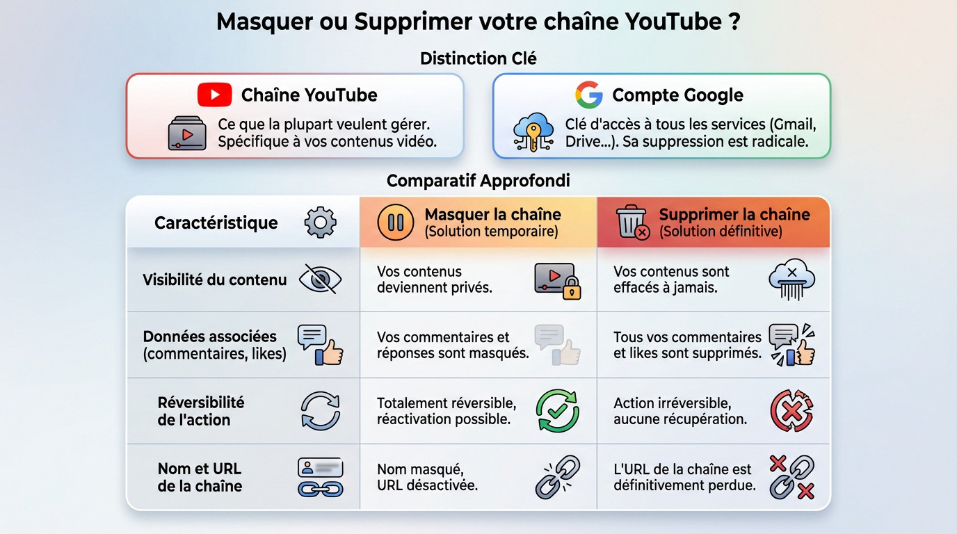 Interface YouTube Studio montrant les options pour masquer ou supprimer une chaîne
