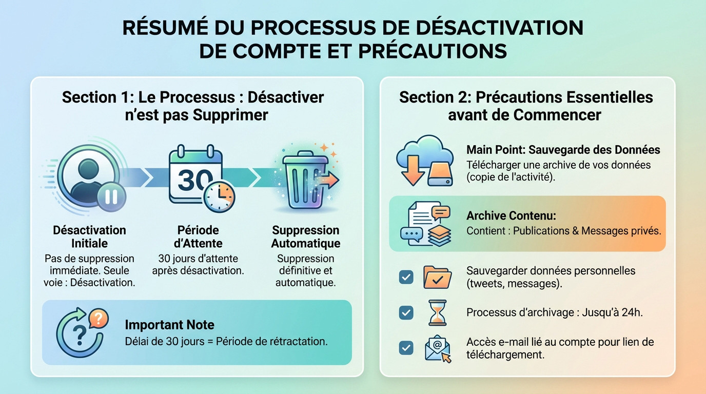 Résumé visuel des étapes de désactivation d'un compte X et des précautions d'archivage à prendre