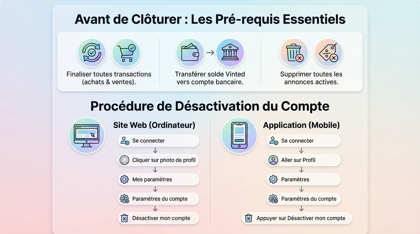 Illustration des prérequis et de la procédure de désactivation d'un compte Vinted
